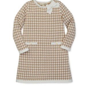 Stylish Kids Houndstooth Dress in Tan and White
